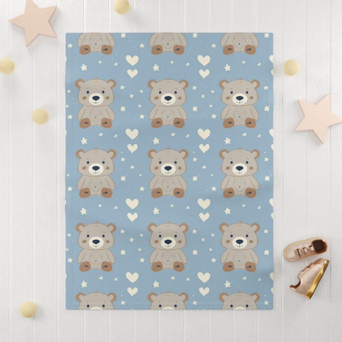 FUNSTUFFPRINT soft fleece baby blanket, teddy bear nursery decor, cute christmas gift for new moms, baby shower gift for boy, soft blue blanket, newborn