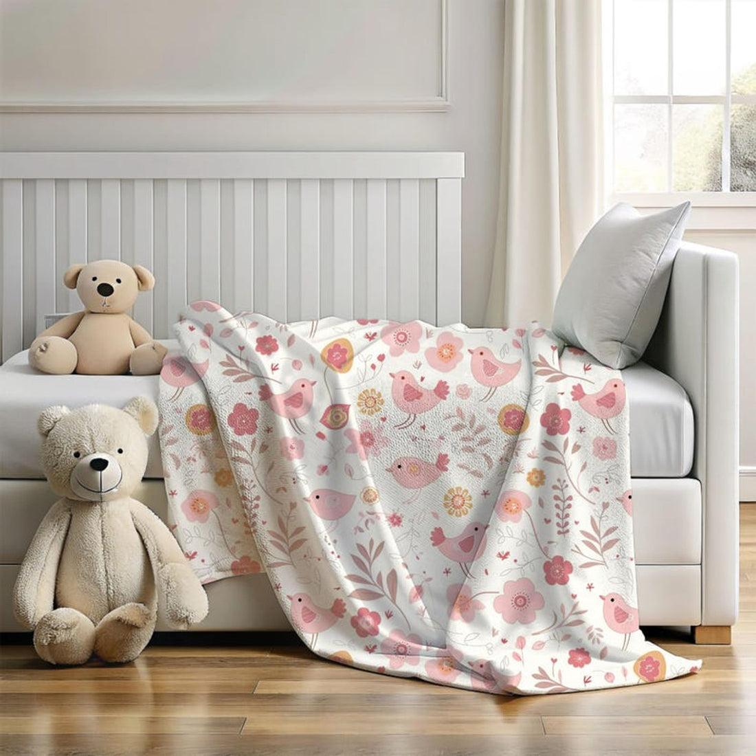 FUNSTUFFPRINT soft baby blanket birds and flower, cute nursery decor for girls, cute christmas gift for new mom, baby shower gift mom, fleece baby blanket