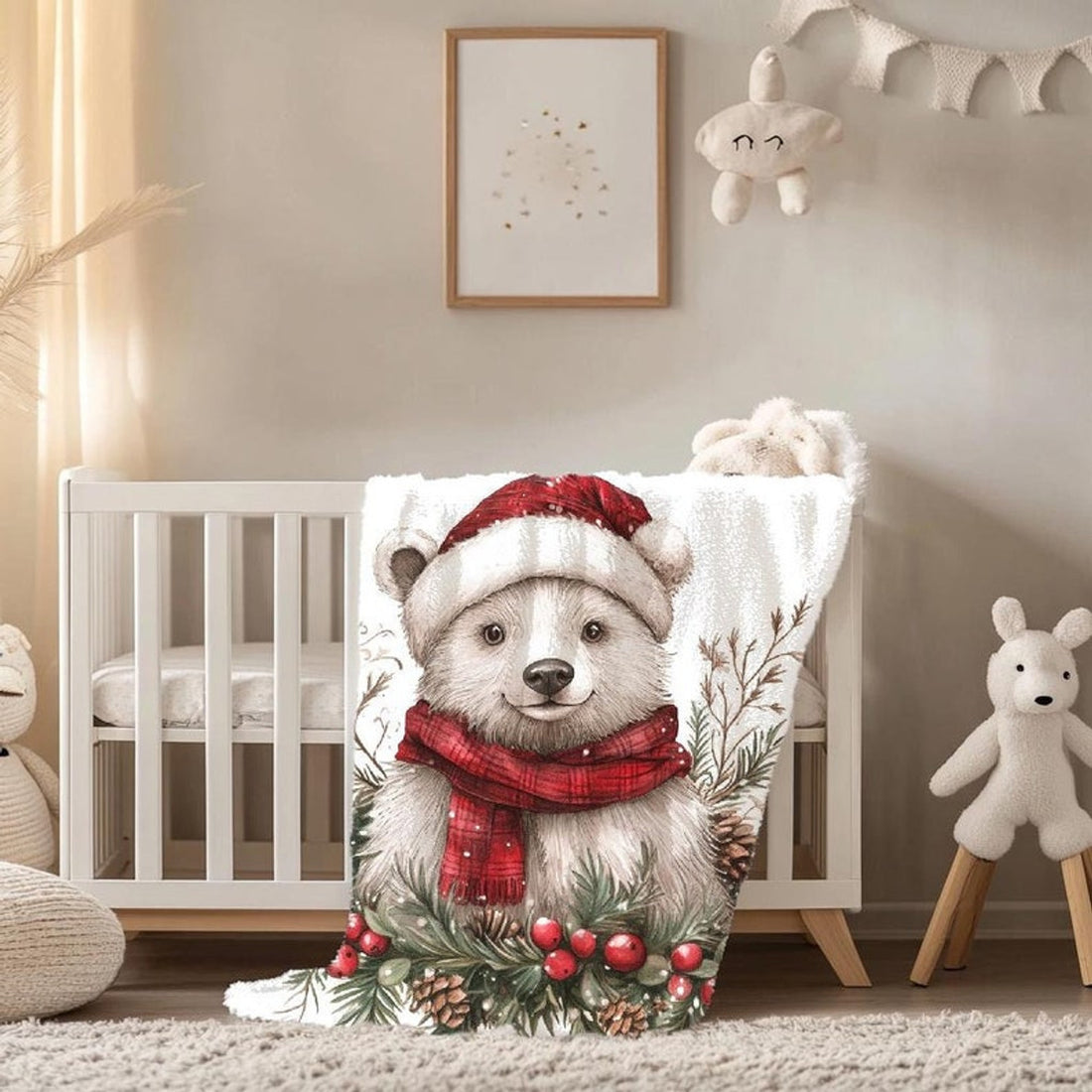 FUNSTUFFPRINT Christmas Bear Baby Blanket, Baby Girl Blanket, Velveteen Blanket, Sherpa Baby Blanket, Baby Swaddle Blanket, Christmas Gift, Baby Blanket
