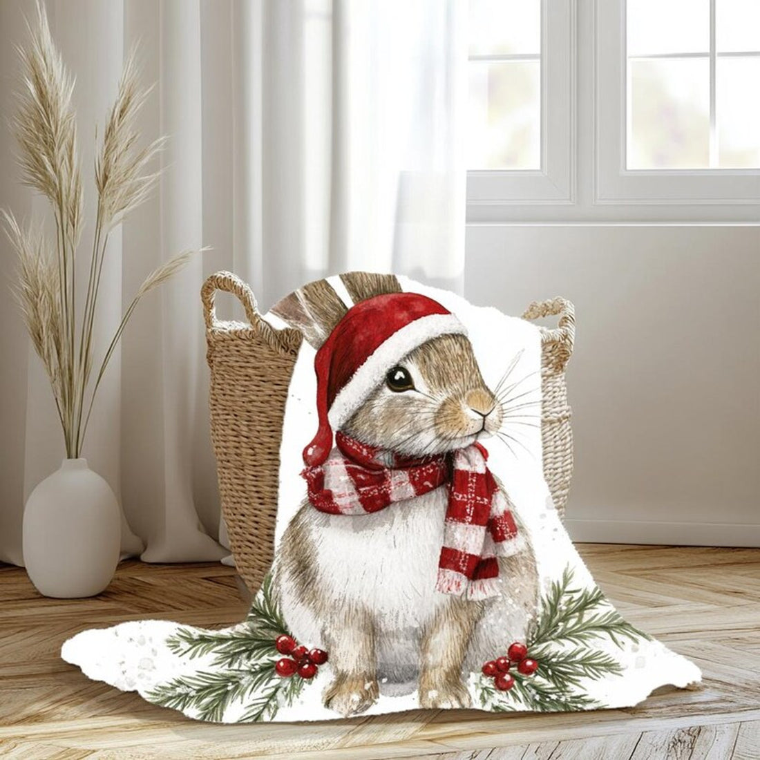 FUNSTUFFPRINT Woodland Bunny Christmas Blanket, Sherpa Blanket, Baby Girl Blanket, Christmas Gift, Velveteen Blanket, New Mom Gift, Bunny Baby Blankets