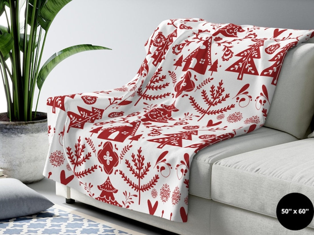 FUNSTUFFPRINT Christmas Blanket| Norwegian Folk Art Throw Blanket |Norwegian Christmas Tree Blanket| Swedish Folk Art Gift |Nordic Home Decor