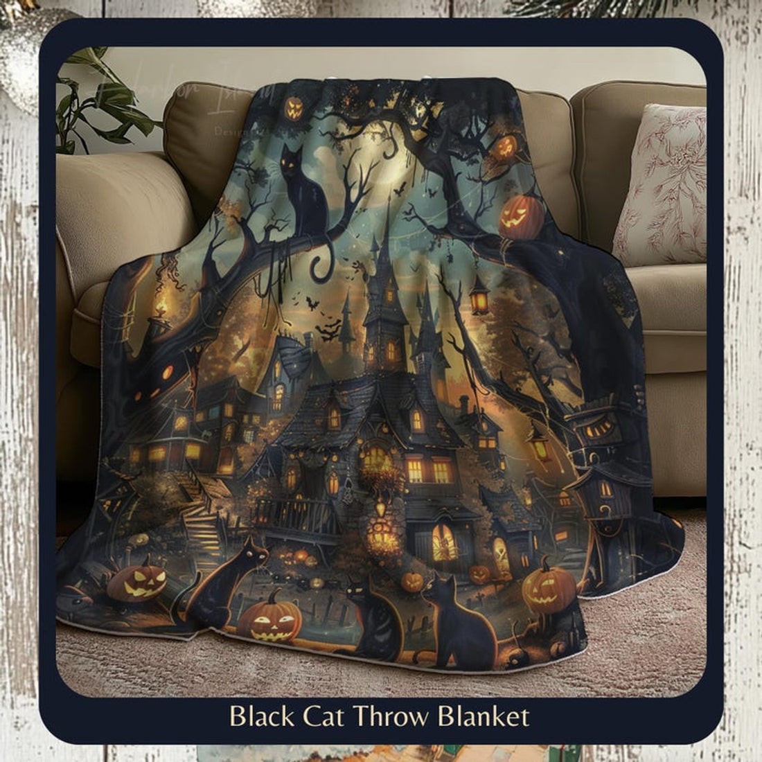 FUNSTUFFPRINT Halloween Throw Blanket Decor, Soft Blanket, Halloween Decor, Cozy Holiday Custom Fall Party Gifts, Colorful Print with Spooky Black Cats