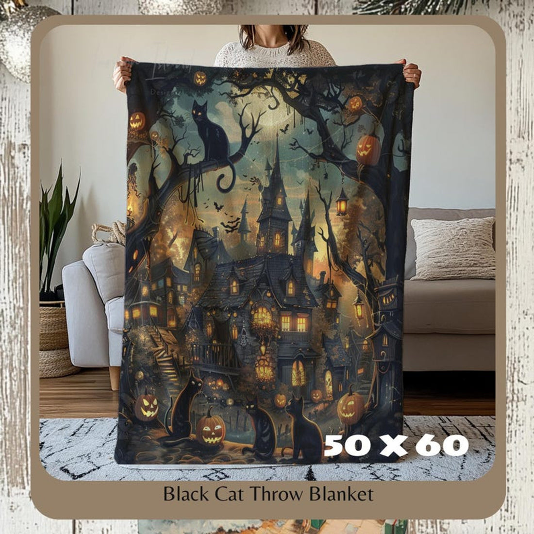 FUNSTUFFPRINT Halloween Throw Blanket Decor, Soft Blanket, Halloween Decor, Cozy Holiday Custom Fall Party Gifts, Colorful Print with Spooky Black Cats