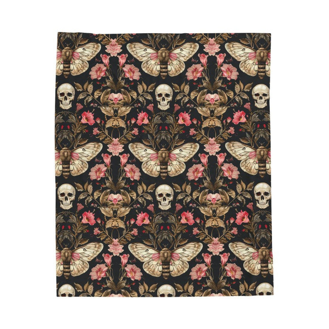 FUNSTUFFPRINT Skull Floral Pink Black Moth Ethereal Velveteen Blanket, Goth Home Decor, Soft Throw, Unique Bedding, Cozy Accent, Halloween Gift