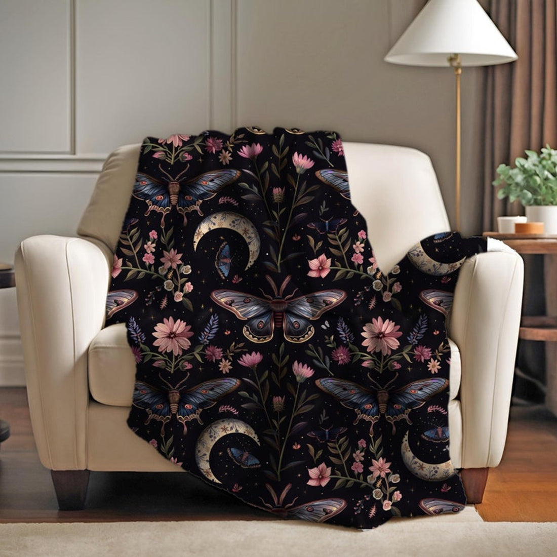 FUNSTUFFPRINT Aesthetic Botanical Whimsicore Forestcore Fleece Sherpa Blanket, Soft Throw for Halloween, Moon Phases Lunar Moth Witchy, Gothic Gifts