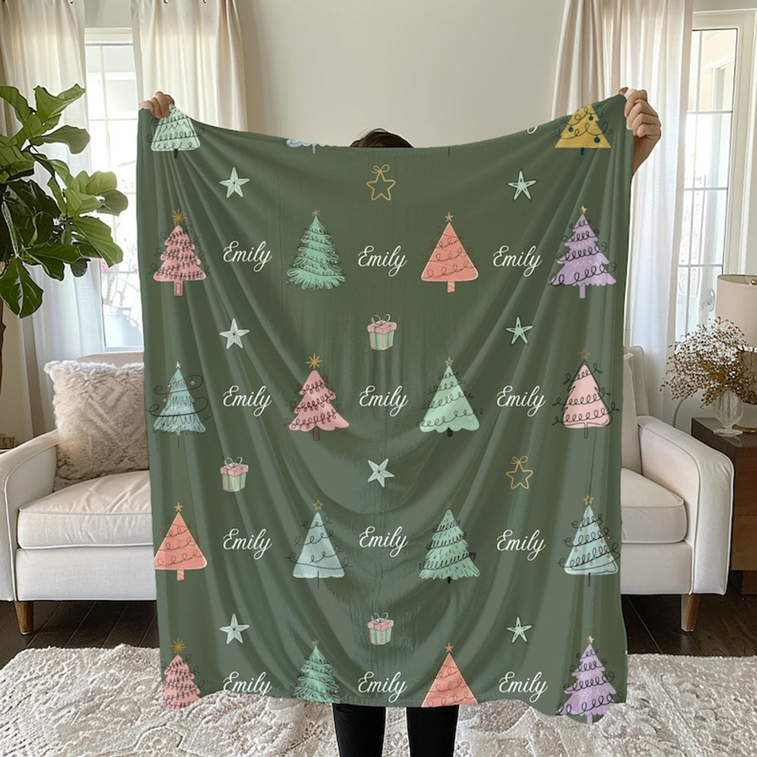 FUNSTUFFPRINT Christmas Blanket - Custom Name Xmas Tree Throw Blanket, Cute Gift for your Daughter, Son, Newborn Baby, Soft Cozy Bedding Gift