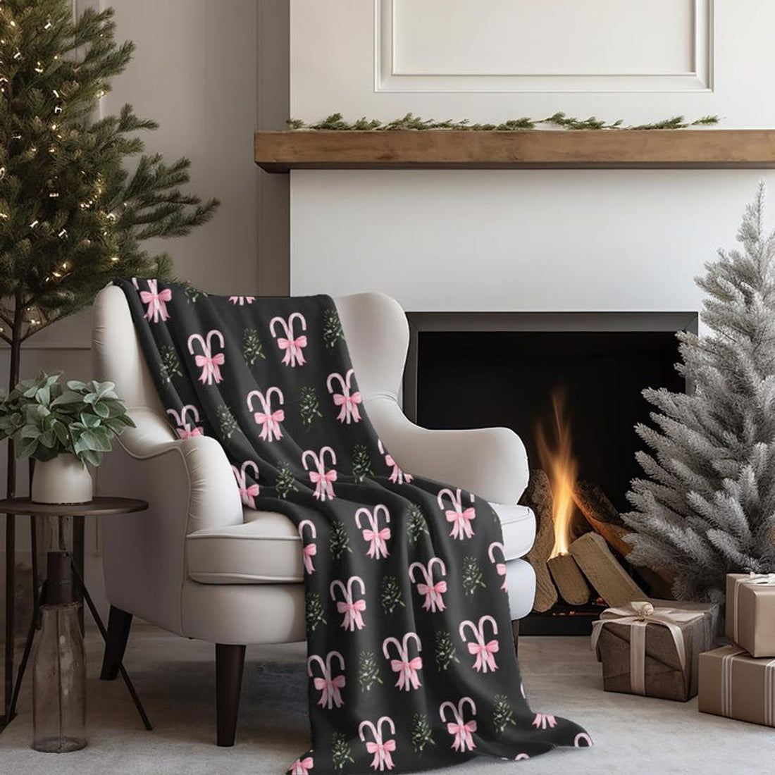 FUNSTUFFPRINT Cute Pink Candy Cane Blanket | Festive Velveteen Throw for Christmas | Coquette Roommate Gift Idea | Cozy Holiday Home Decor
