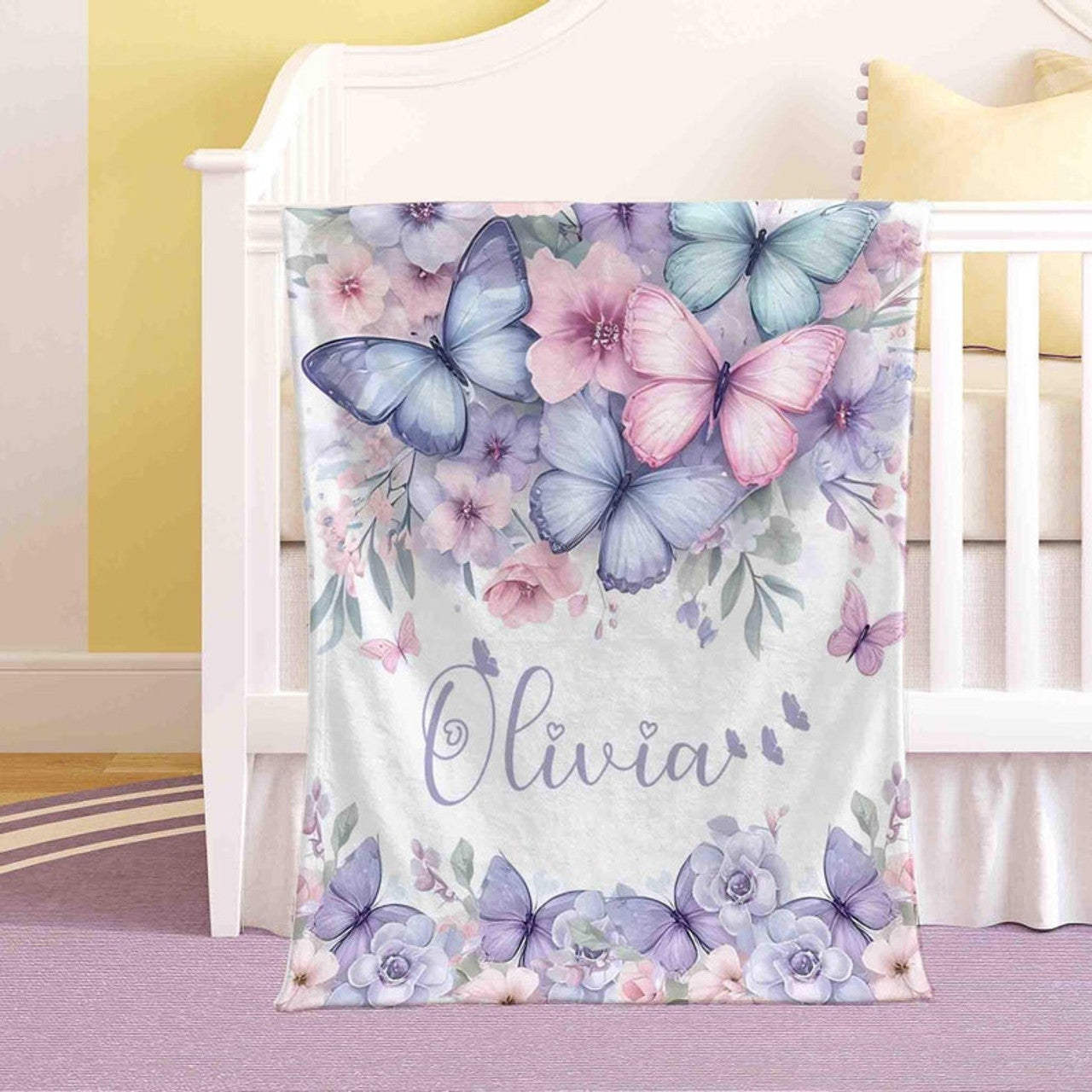 FUNSTUFFPRINT Custom  Butterfly Nursery Blanket Custom Baby Name Blanket Kids Custom Name Blanket Butterfly Baby Shower Gift For Girls Throw