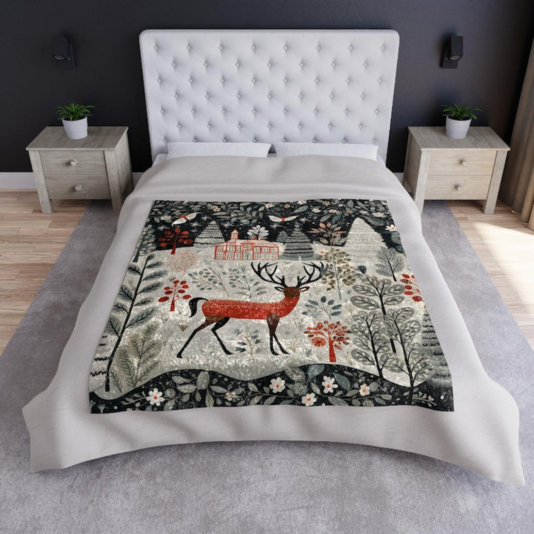 FUNSTUFFPRINT Scandinavian Print Velvet Blanket, Scandi Home Decor, Norwegian Holiday Throw, Christmas Blanket, Folk Art Blanket, Norwegian Blanket