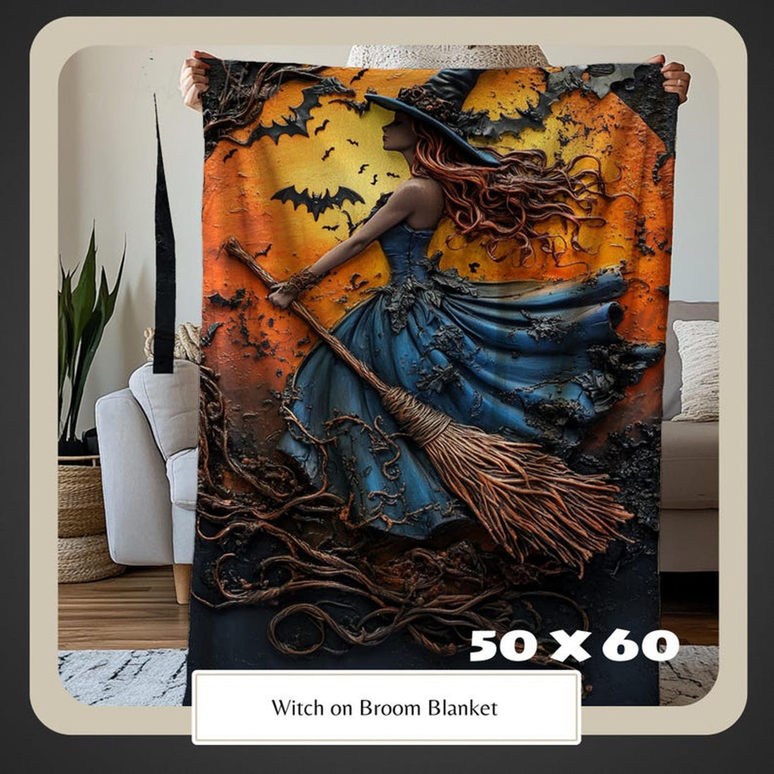 FUNSTUFFPRINT Halloween Witch Blanket, Witch Flying on Broom, 3D Witch, Witchy Vibe, Vibrant Colors, Salem Witch, Cozy Spooky Halloween