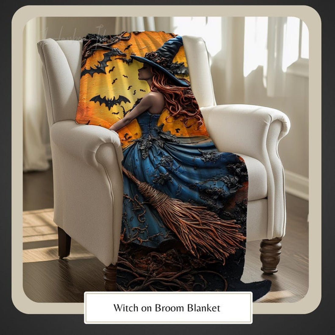 FUNSTUFFPRINT Halloween Witch Blanket, Witch Flying on Broom, 3D Witch, Witchy Vibe, Vibrant Colors, Salem Witch, Cozy Spooky Halloween