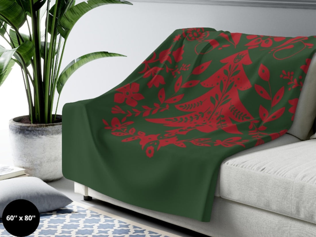 FUNSTUFFPRINT Scandinavian Christmas Blanket| Norwegian Folk Art Throw Blanket |Norwegian Christmas Tree Blanket| Swedish Folk Art Gift |Nordic Home Decor