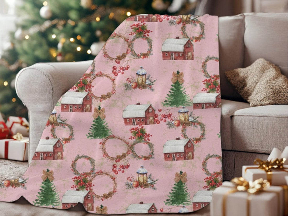 FUNSTUFFPRINT Christmas Blanket| Farmhouse Christmas Home Decor| Rustic Pink Christmas| Holiday Blanket| Home Living Room| Christmas Gift| Cabin Blanket