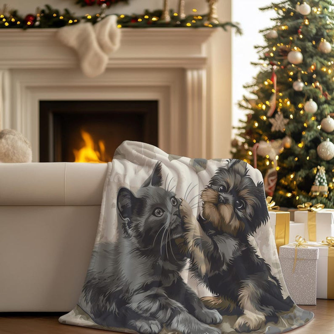 FUNSTUFFPRINT Cute Kitten Puppy Blanket Warm Cozy Pet Throw Blanket Adorable Animal Print Blanket Soft Pet Lover Gift Couch Bed Decor
