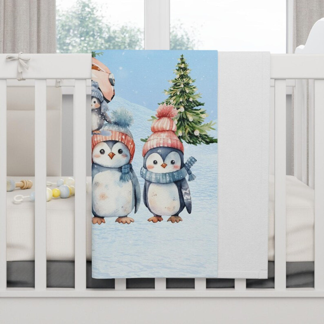 FUNSTUFFPRINT Soft Fleece Child's Blanket, Tis the Season, Item #4121, Penguins, Mouse, and Birds In Snow Blanket, Colorful and Playful for Children
