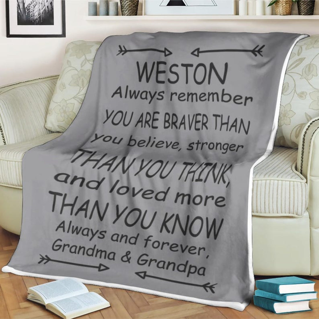 FUNSTUFFPRINT Grey arrow blanket grandson gifts personalized from grandpa grandma grandson blanket from papa nana grey grandson Momma Mimi Grandparents