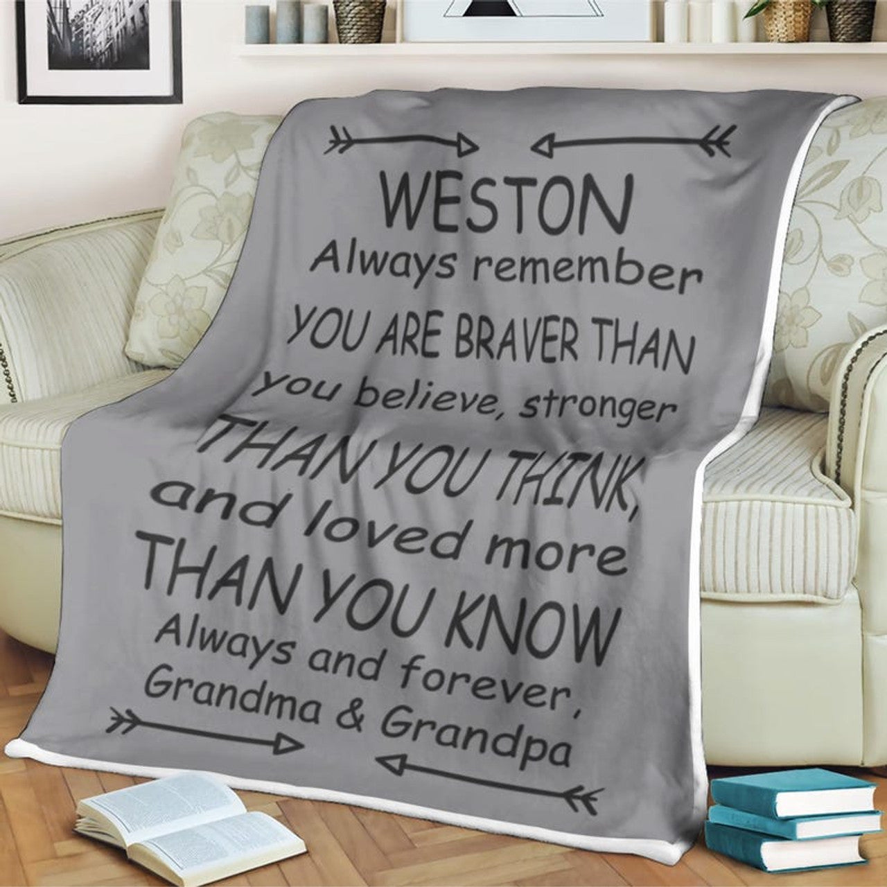 FUNSTUFFPRINT Grey arrow blanket grandson gifts personalized from grandpa grandma grandson blanket from papa nana grey grandson Momma Mimi Grandparents