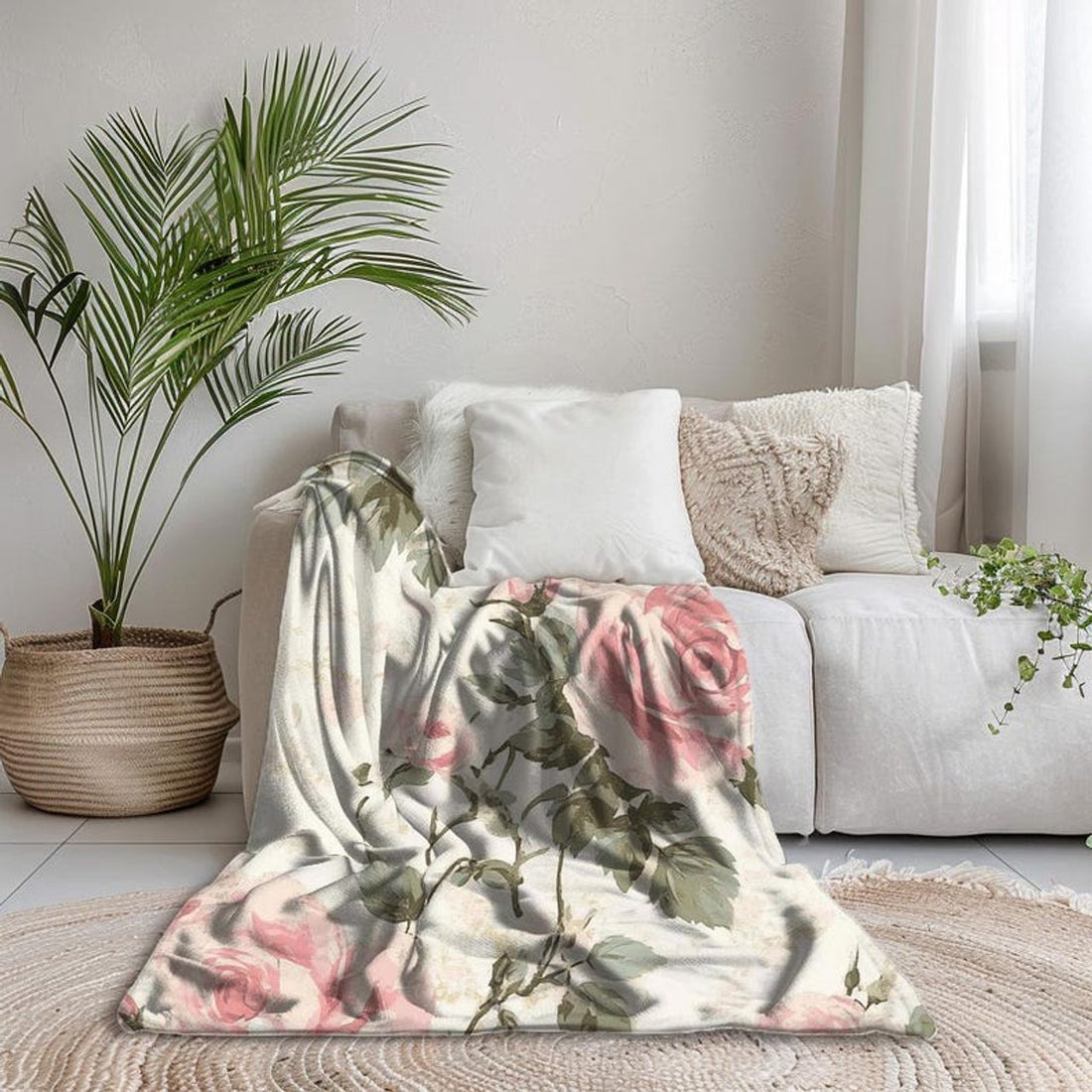 FUNSTUFFPRINT Pink Rose Blanket, Soft Sherpa or Velveteen Rose-Patterned Throw, Vintage Floral Cottagecore Decor, Cozy Shabby Chic Blanket