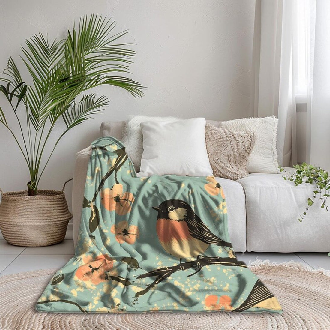 FUNSTUFFPRINT Vintage Bird Design Blanket, Cozy Sherpa or Velveteen Throw, Antique Bird Print Blanket,Warm Vintage-Inspired Blanket, Bird Lover Gift