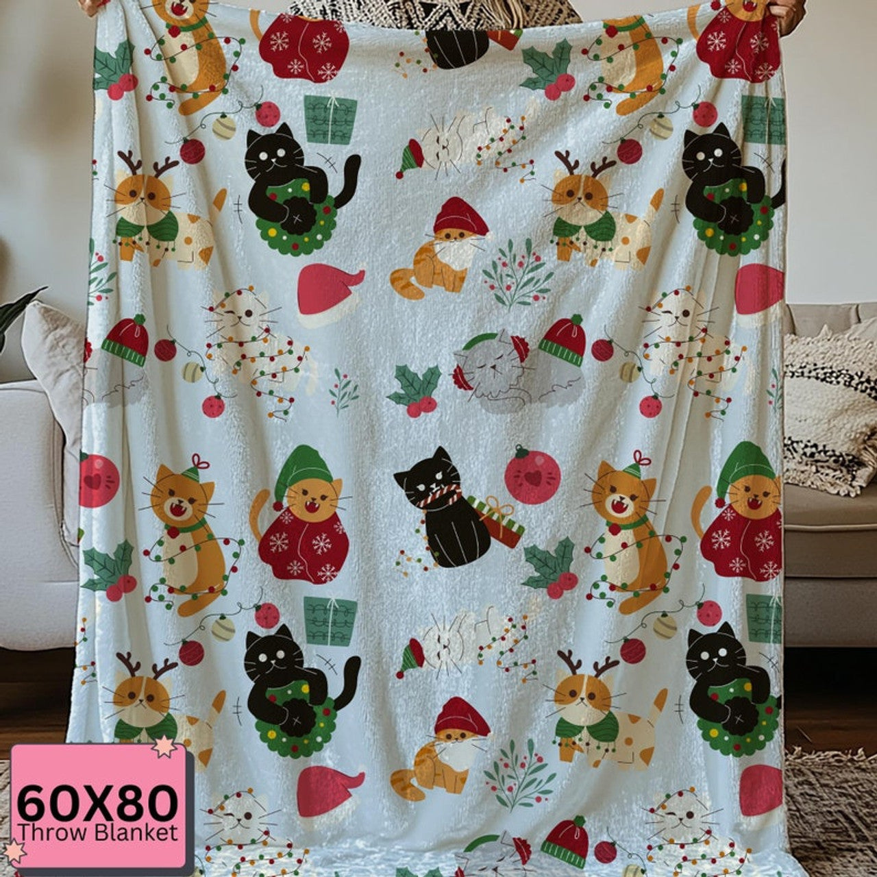 FUNSTUFFPRINT Christmas Cat Blanket for Cat Lovers, Cozy Fuzzy Throw Blanket, Cat Themed Gift, Cat Mom or Dad, Pet Owner Gift by