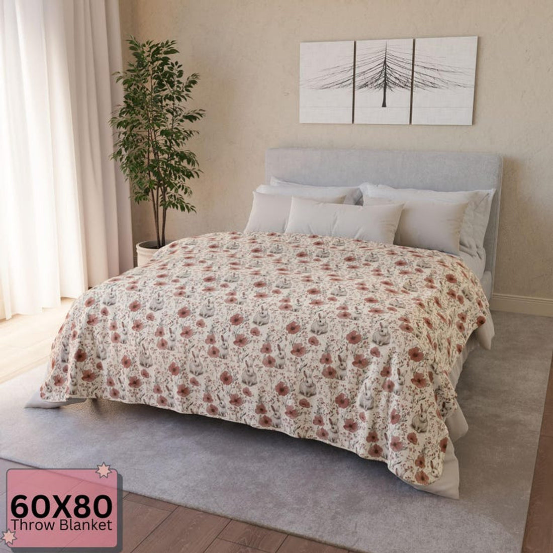 FUNSTUFFPRINT Bunny Floral Sherpa Blanket - Soft Cozy Throw for Kids & Adults - Nursery Decor - Cute Rabbit Blanket Gift by