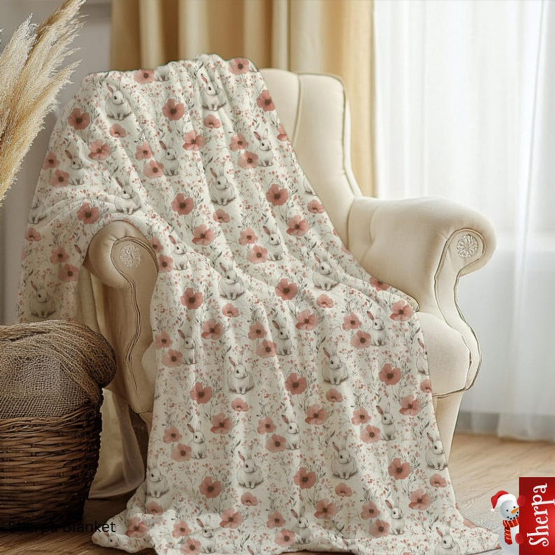 FUNSTUFFPRINT Bunny Floral Sherpa Blanket - Soft Cozy Throw for Kids & Adults - Nursery Decor - Cute Rabbit Blanket Gift by