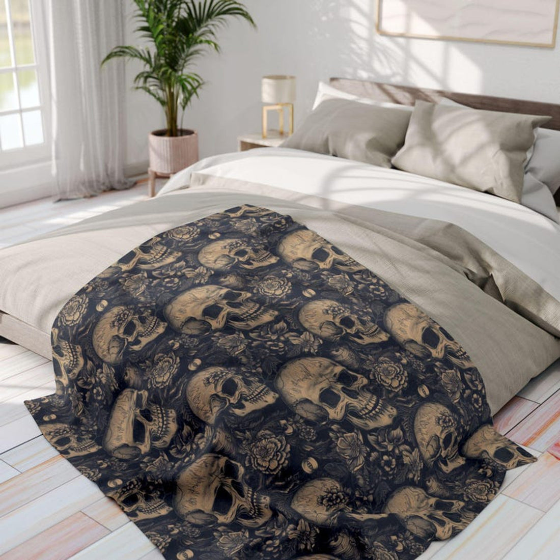 FUNSTUFFPRINT Floral Skull Fleece Blanket, Vintage Goth Witchcore Bedding, Cozy Winter Home Decor, Halloween Throw, Soft Couch Cover, Unique Bedroom