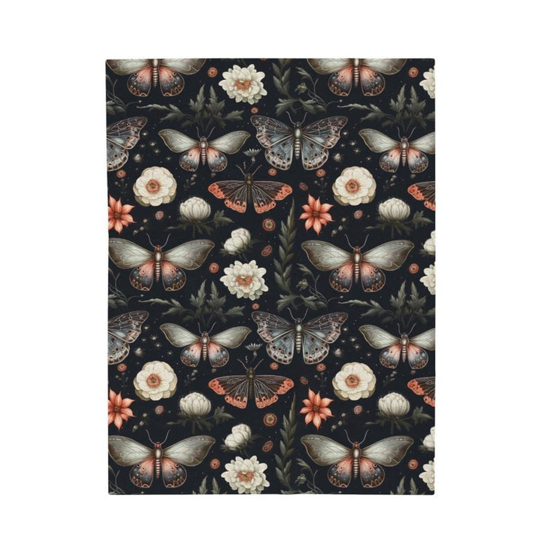 FUNSTUFFPRINT Velveteen Plush Blanket, Floral Goth Butterfly Moth, Witchcore Cottagecore Gift Idea, Home Decor, Soft Throw, Room Accent