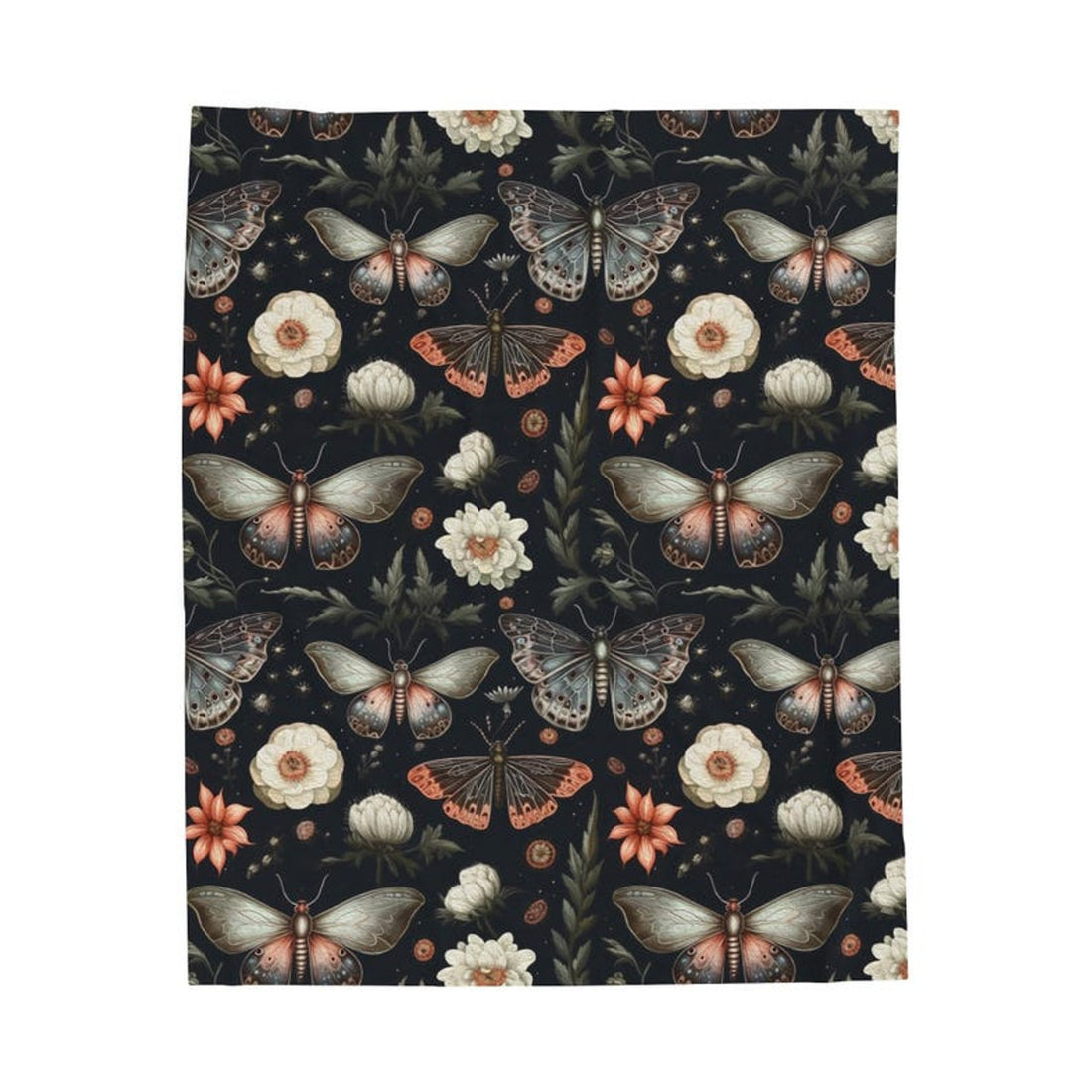 FUNSTUFFPRINT Velveteen Plush Blanket, Floral Goth Butterfly Moth, Witchcore Cottagecore Gift Idea, Home Decor, Soft Throw, Room Accent