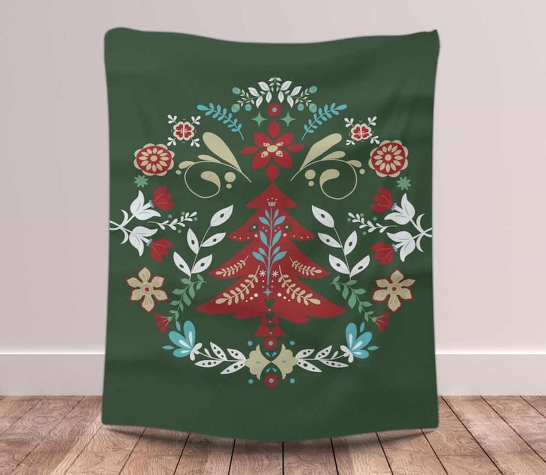FUNSTUFFPRINT Scandinavian Christmas Blanket| Norwegian Folk Art Blanket |Norwegian Christmas Tree Blanket| Swedish Folk Art Gift |Nordic Home Decor