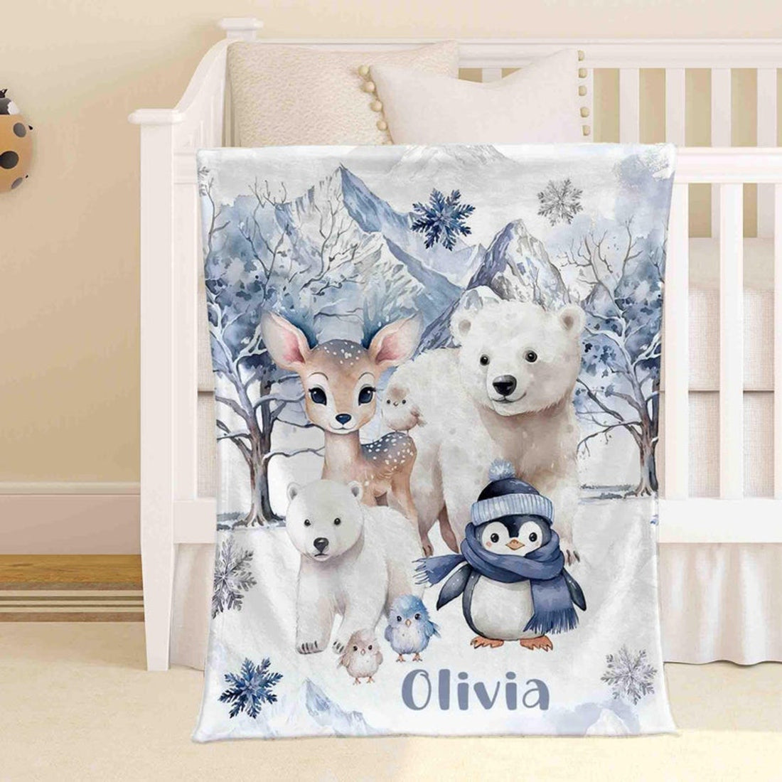 FUNSTUFFPRINT Custom  Woodland Animals Blanket Winter Holiday Christmas Gift Christmas Nursery Blanket Xmas Baby Blanket Custom Baby Shower Gift Kids Name Throw