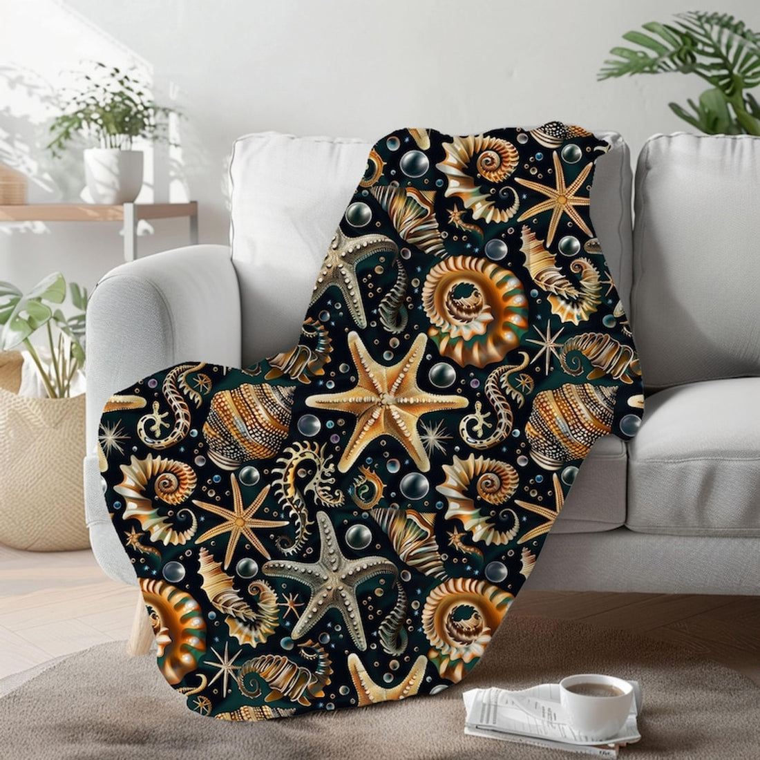 FUNSTUFFPRINT Starfish And Shells Coastal Throw Blanket, Nautical Christmas Gift For Best Friend, Beach Lover Gift, Ocean Theme Decor, Beach Bedding