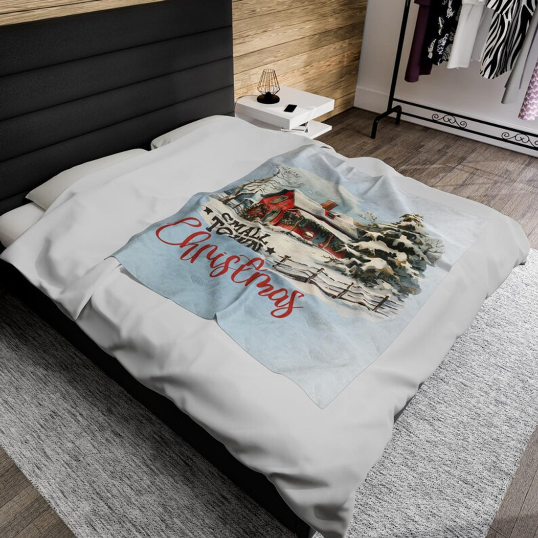 FUNSTUFFPRINT Small Town Christmas Velveteen Plush Blanket, Item #4119, Small Town, Country Christmas, Ultra Soft Velveteen Plush Blanket, 3 Sizes