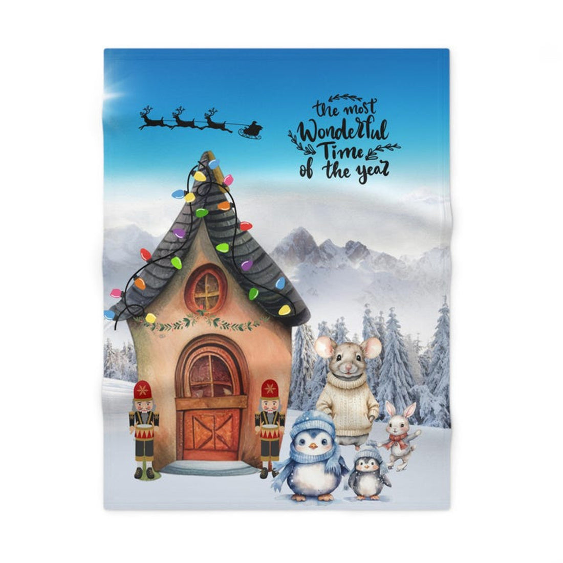 FUNSTUFFPRINT Soft Fleece Baby Blanket, Item #4124, Snowy Alps Penguins, Mouse and Bunny playing In Snow Blanket, Colorful and Playful for Children