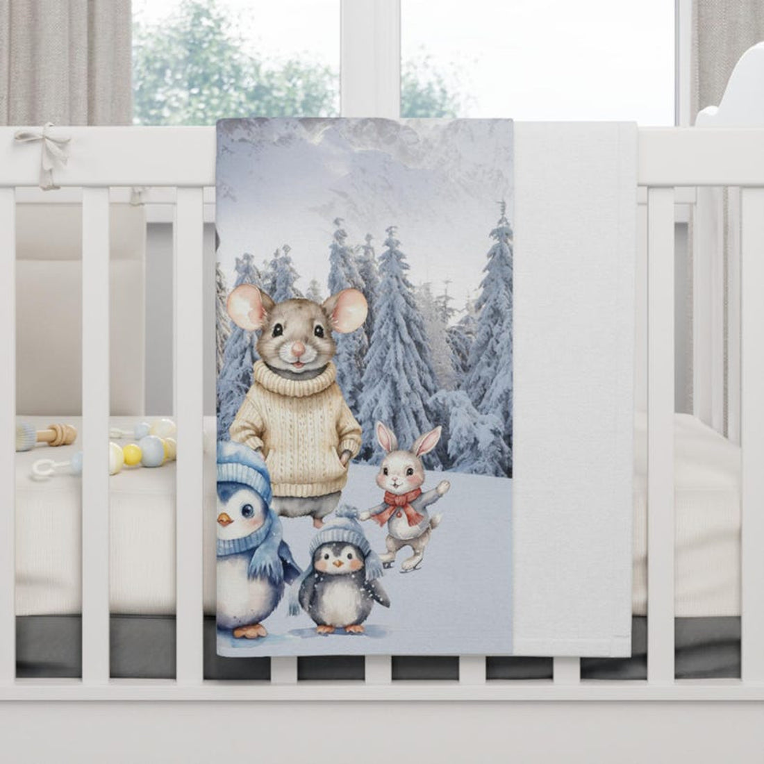 FUNSTUFFPRINT Soft Fleece Baby Blanket, Item #4124, Snowy Alps Penguins, Mouse and Bunny playing In Snow Blanket, Colorful and Playful for Children