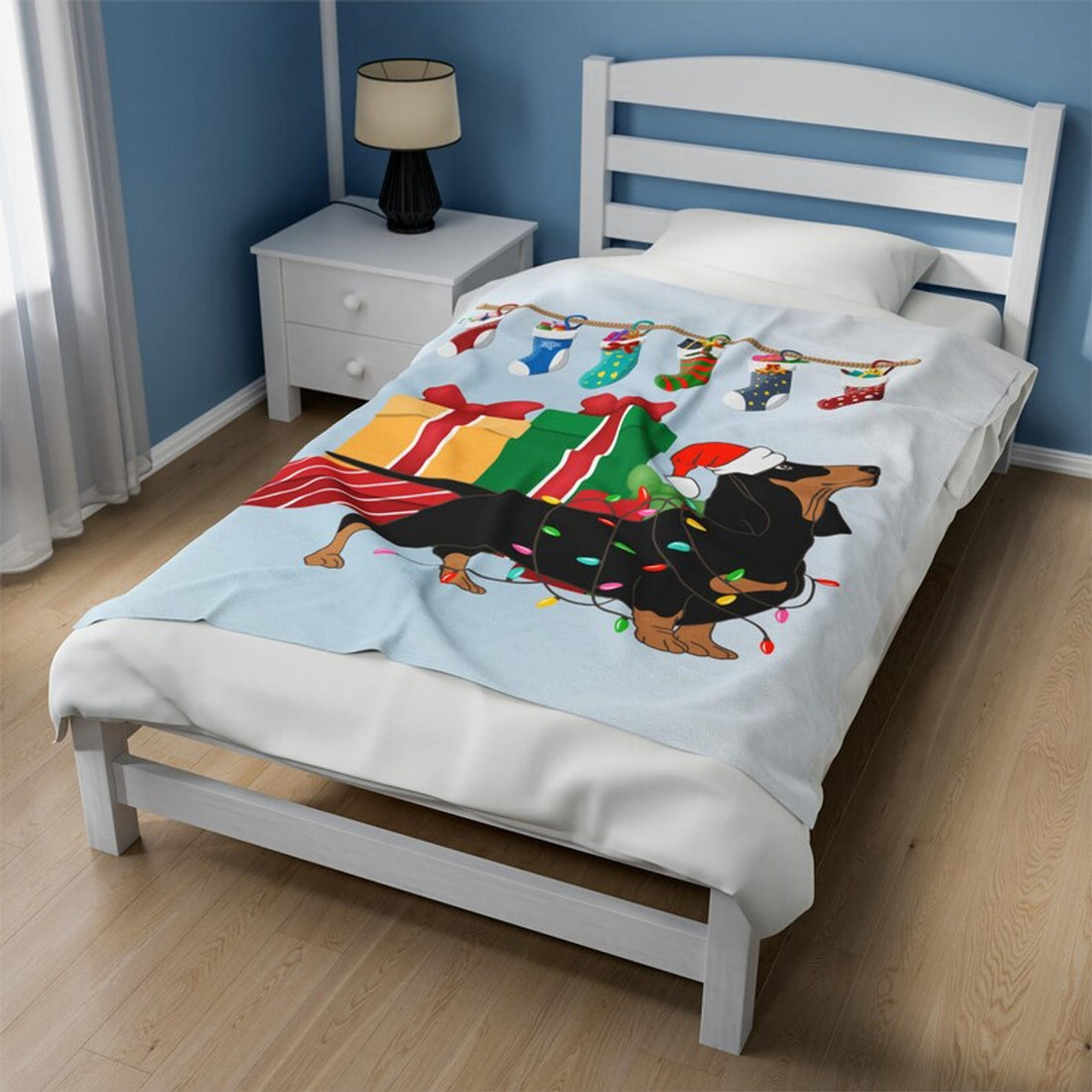 FUNSTUFFPRINT Dachshund Christmas Velveteen Plush Blanket, Item #4128, Dachshund in Christmas Lites Ultra Soft Velveteen Plush Blanket, 3 Sizes