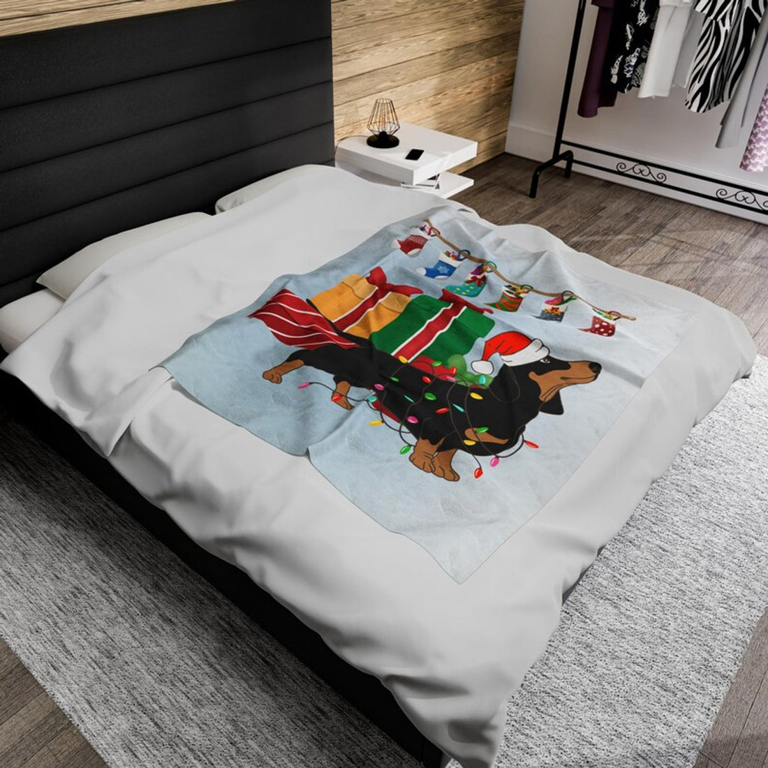 FUNSTUFFPRINT Dachshund Christmas Velveteen Plush Blanket, Item #4128, Dachshund in Christmas Lites Ultra Soft Velveteen Plush Blanket, 3 Sizes