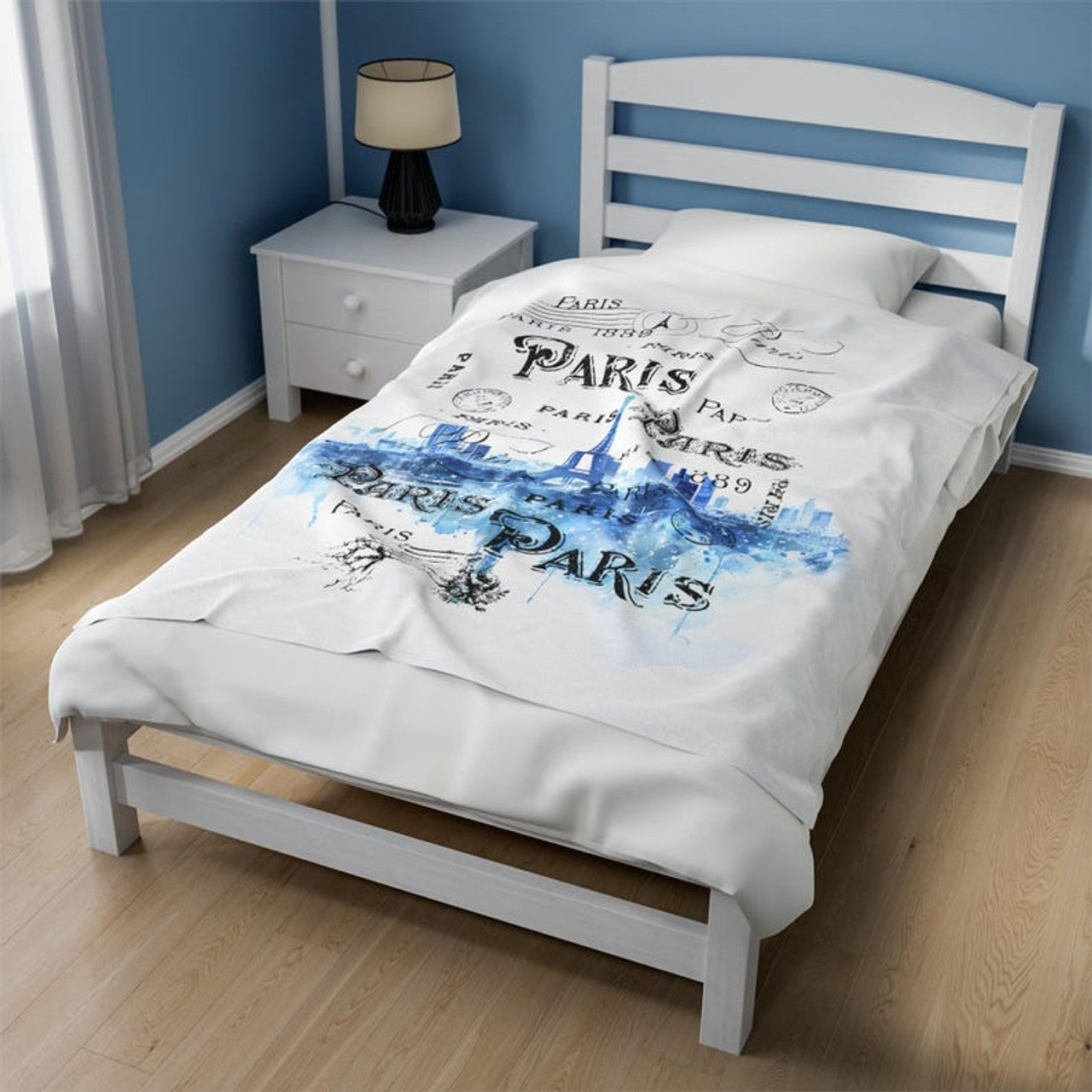 FUNSTUFFPRINT Blue Paris Eiffel Tower, Velveteen Plush Blanket, Item #4136, Paris Plush Velveteen Blanket, Paris Eiffel Tower Blanket