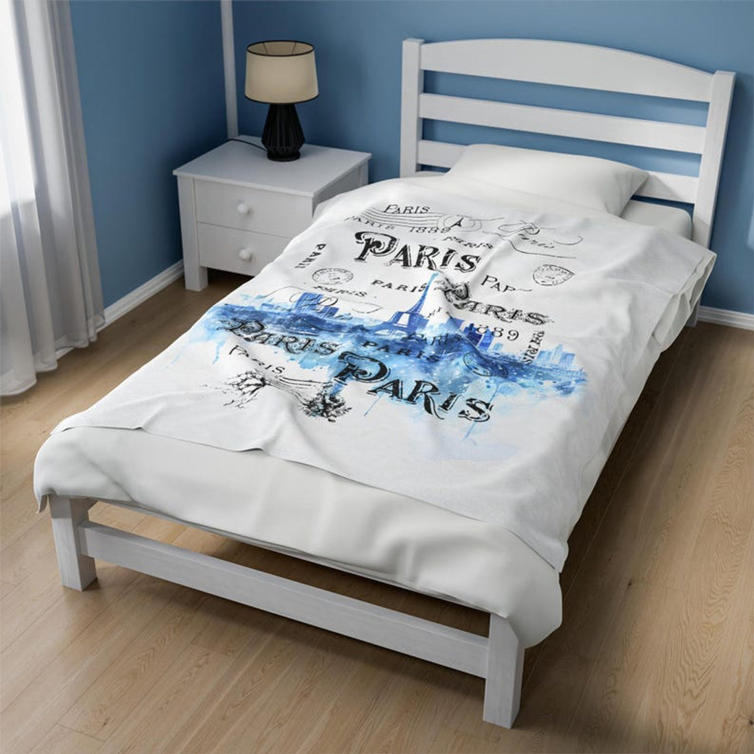 FUNSTUFFPRINT Blue Paris Eiffel Tower, Velveteen Plush Blanket, Item #4136, Paris Plush Velveteen Blanket, Paris Eiffel Tower Blanket