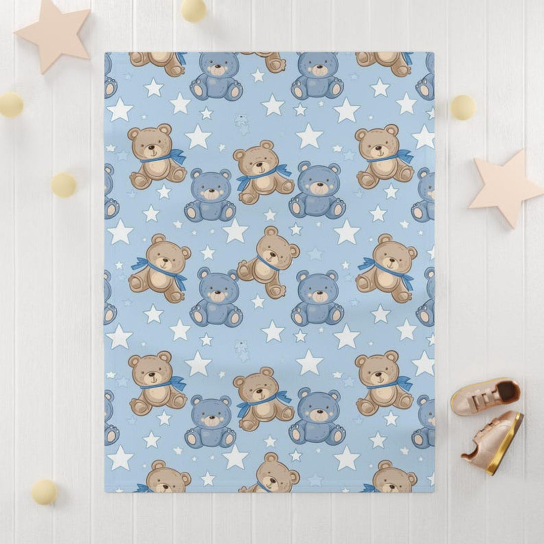 FUNSTUFFPRINT blue baby blanket teddy bear nursery decor, cute christmas gift for new moms, baby shower gifts for baby boy, newborn photo props, crib