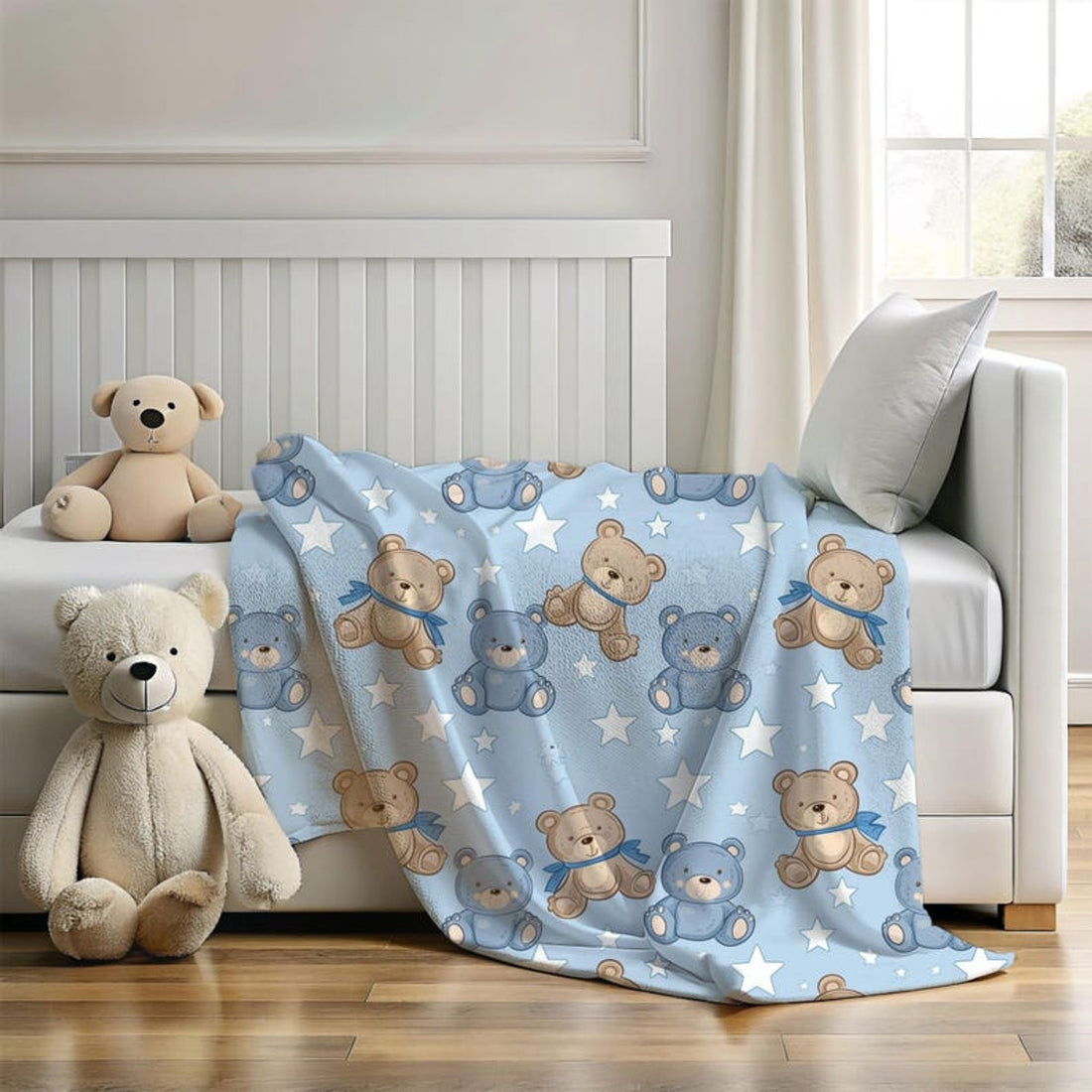 FUNSTUFFPRINT blue baby blanket teddy bear nursery decor, cute christmas gift for new moms, baby shower gifts for baby boy, newborn photo props, crib
