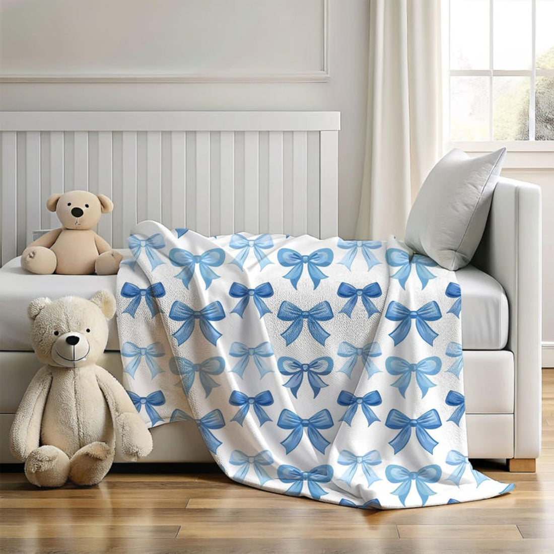 FUNSTUFFPRINT soft fleece baby blanket blue coquette bows, nursery decor for baby boy, cute christmas gift for new mom, baby shower gift boy, newborn