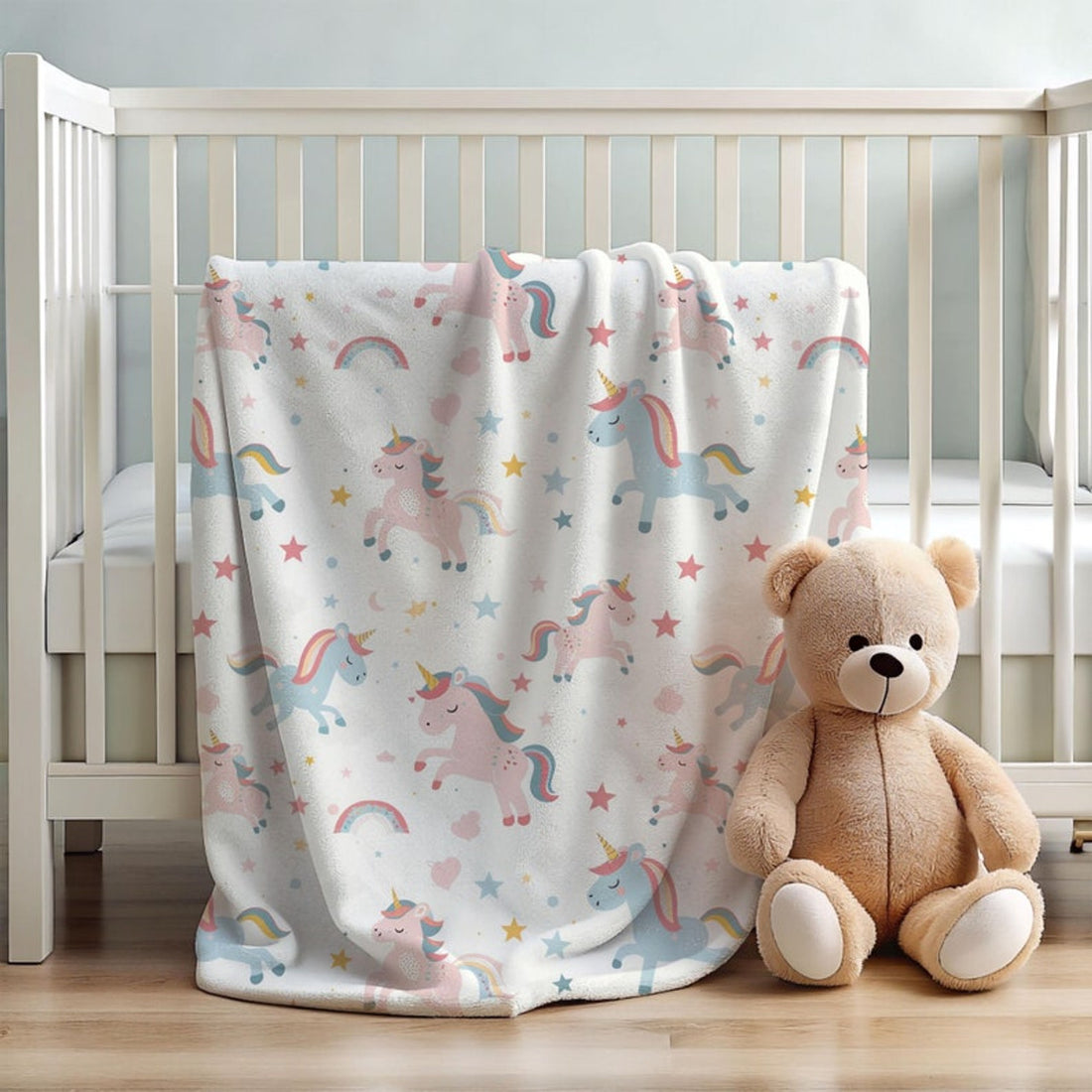 FUNSTUFFPRINT soft fleece baby blanket, pink and blue unicorns and rainbows, nursery decor for baby girl, cute christmas gift for new mom, newborn baby