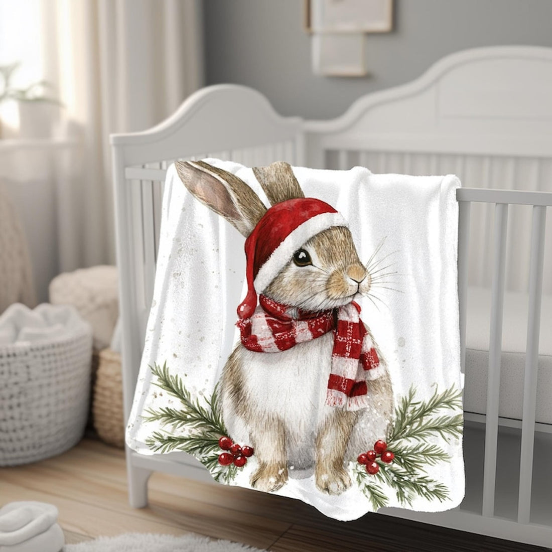 FUNSTUFFPRINT Woodland Bunny Christmas Blanket, Sherpa Blanket, Baby Girl Blanket, Christmas Gift, Velveteen Blanket, New Mom Gift, Bunny Baby Blankets