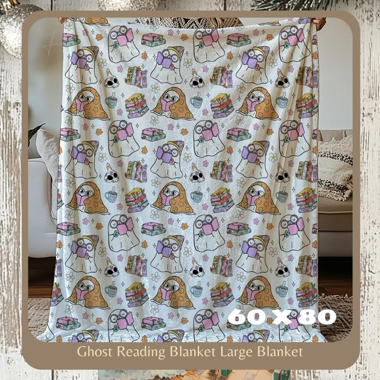 FUNSTUFFPRINT Halloween Velveteen Plush Blanket - Retro Ghost Reading Books - Halloween Blanket - Fall Blanket - Cozy Autumn