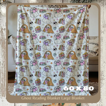 FUNSTUFFPRINT Halloween Velveteen Plush Blanket - Retro Ghost Reading Books - Halloween Blanket - Fall Blanket - Cozy Autumn