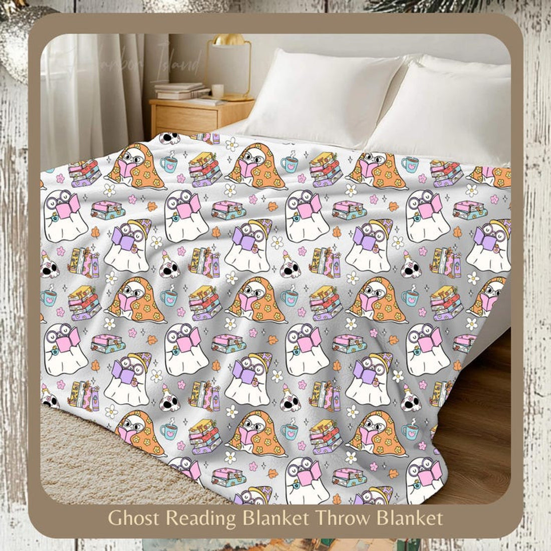 FUNSTUFFPRINT Halloween Velveteen Plush Blanket - Retro Ghost Reading Books - Halloween Blanket - Fall Blanket - Cozy Autumn