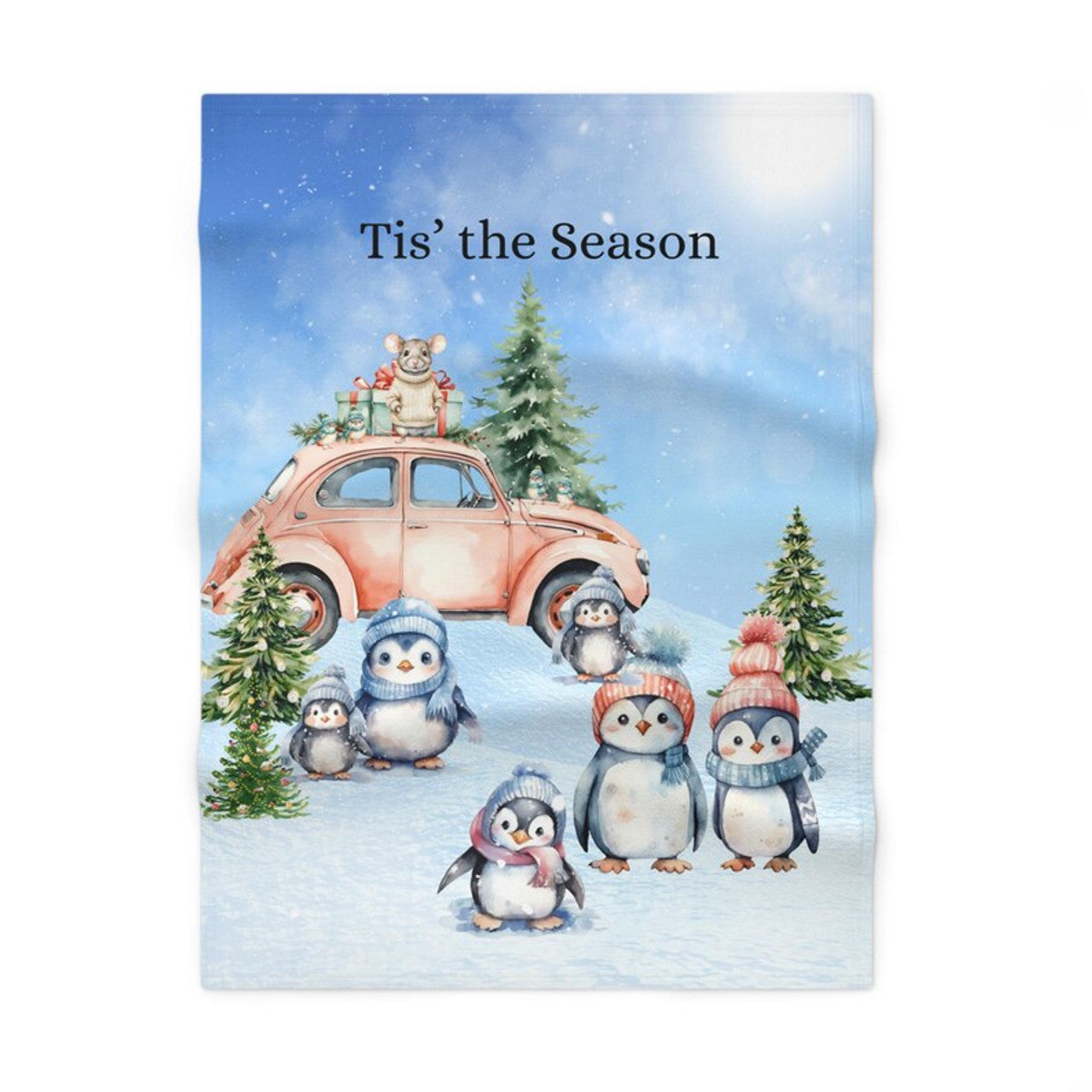 FUNSTUFFPRINT Soft Fleece Child's Blanket, Tis the Season, Item #4121, Penguins, Mouse, and Birds In Snow Blanket, Colorful and Playful for Children