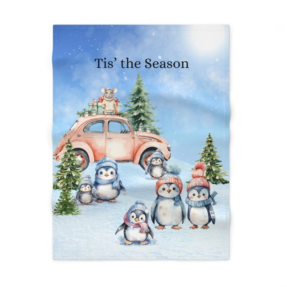 FUNSTUFFPRINT Soft Fleece Child's Blanket, Tis the Season, Item #4121, Penguins, Mouse, and Birds In Snow Blanket, Colorful and Playful for Children
