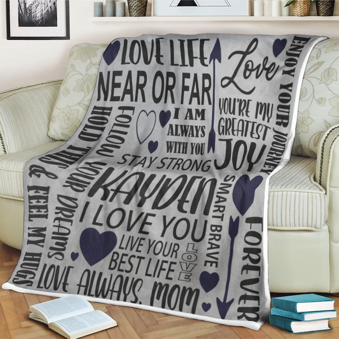 FUNSTUFFPRINT Heart blanket son gift from mom personalized son blanket from mom dad son blanket inspirational custom son gifts grey blue hugs love